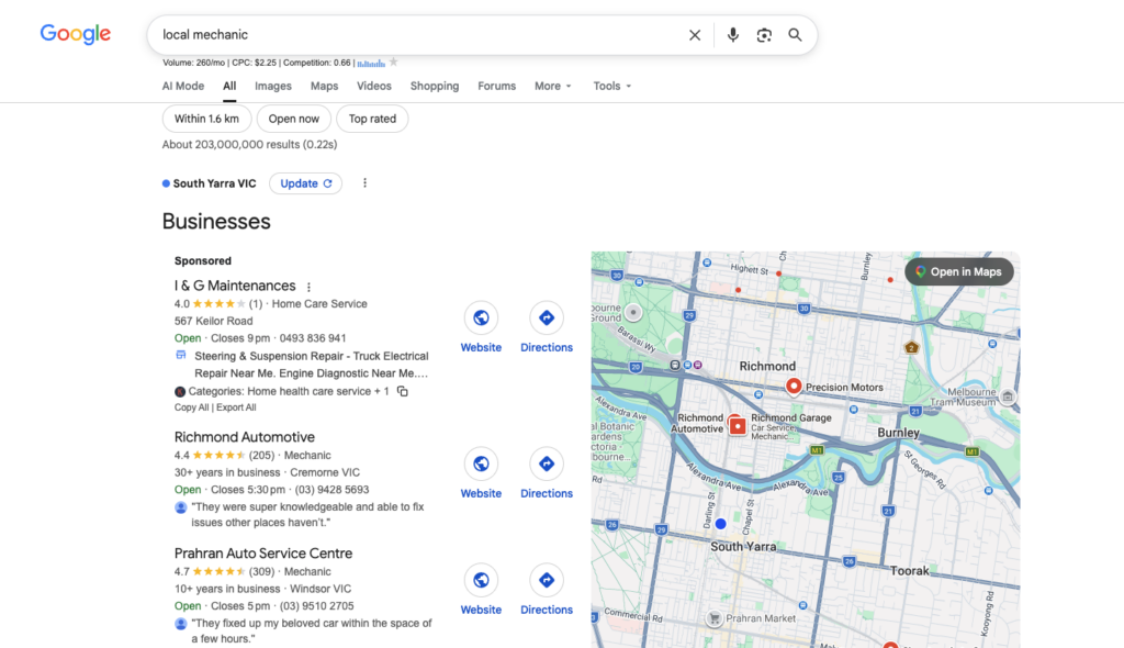 local seo search for mechanic