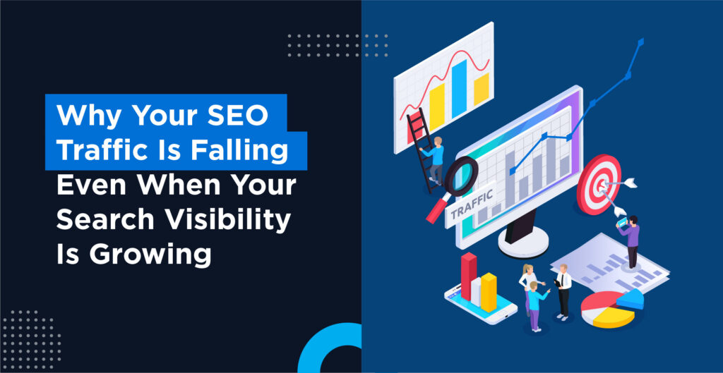 SEO traffic falling as search visibility grows.