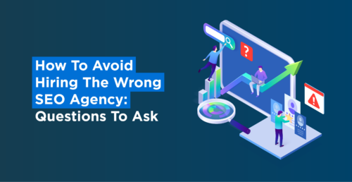 SEO agency evaluation illustration with search and growth icons.