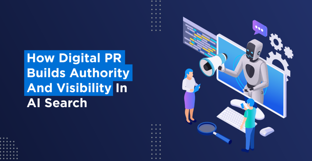 AI robot using a megaphone to build digital PR visibility in search.